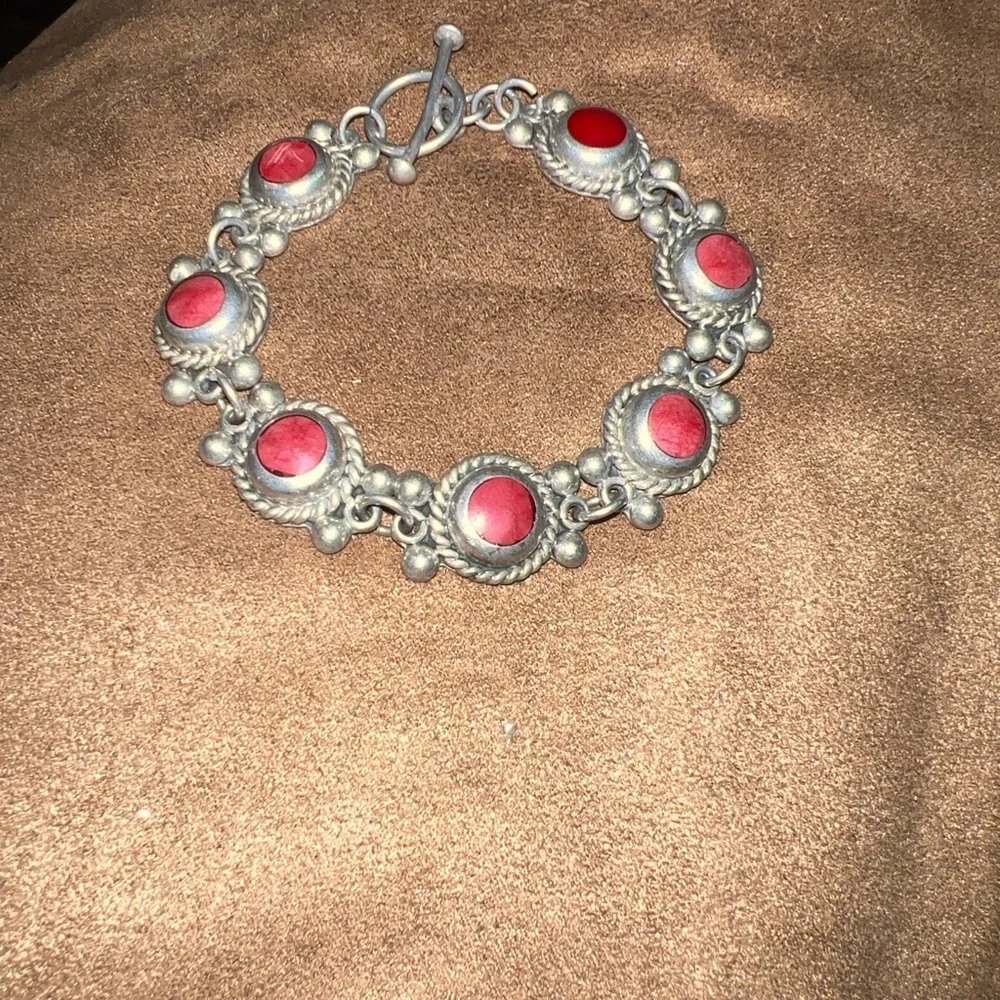 Red Stone Silver-Tone Link Bracelet - Women Jewelry